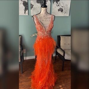 Jovani feather orange prom dress, pageant gown or formal dress